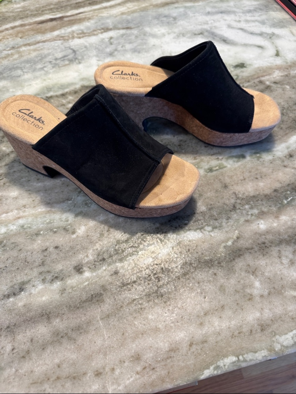 Clark’s Black Suede Platform Slide Sandals